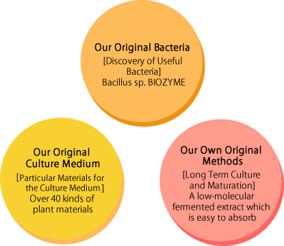Our Original Bacteria [Discovery of Useful Bacteria] Bacillus sp. BIOZYME/Our Original Culture Medium[Particular materials for the culture medium]Over 40 kinds of plant materials/Our Own Original Methods[Long Term Culture and Maturation]A low-molecular fermented extract which is easy to absorb