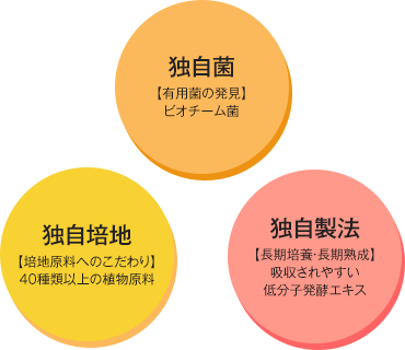 独自菌【有用菌の発見】ビオチーム菌/独自培地【培地原料へのこだわり】40種類以上の植物原料/独自製法【長期培養・長期熟成】吸収されやすい低分子発酵エキス