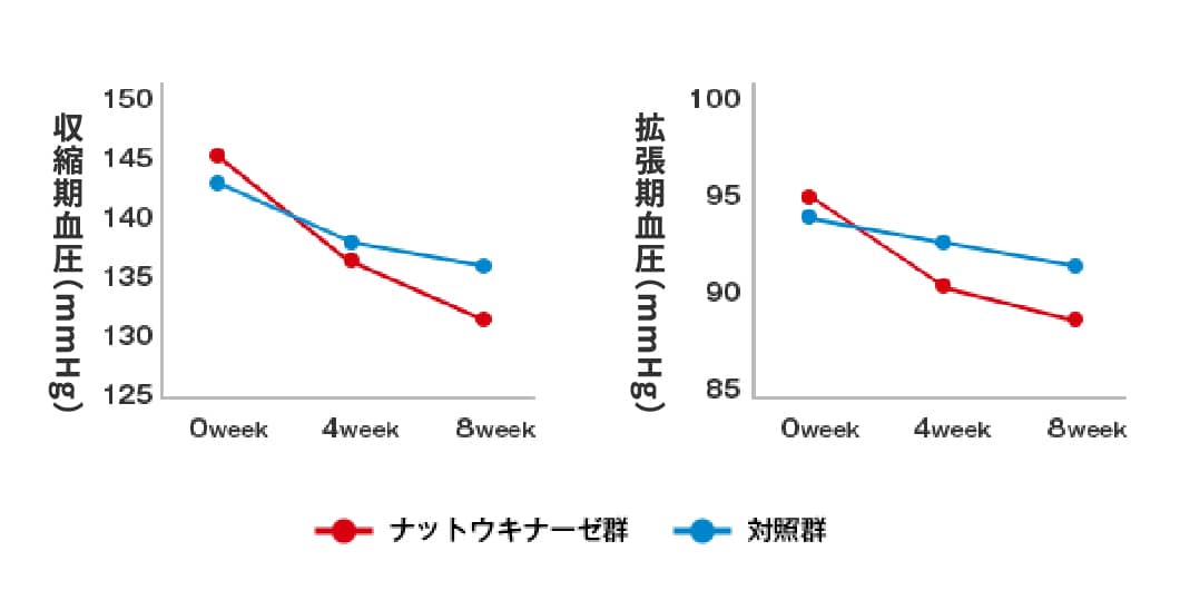 ナットウキナーゼ群と対照群の、収縮期血圧(mmHg)と拡張期血压(mmHg)の比較